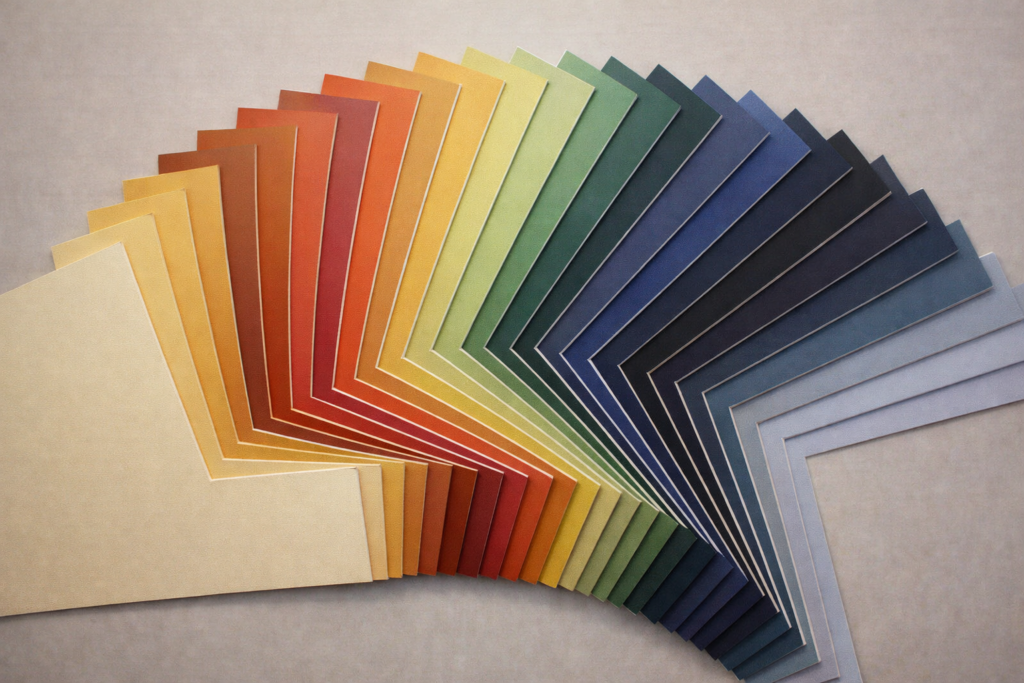 Waaier van passe-partout karton met kleurverloop van warme tinten naar koele tinten voor inlijsten en fotolijsten.