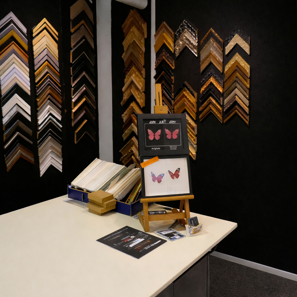 Interieur van een lijstenmakerij met wand vol kaderprofielen en een werktafel met voorbeeldkaders en passe-partouts.