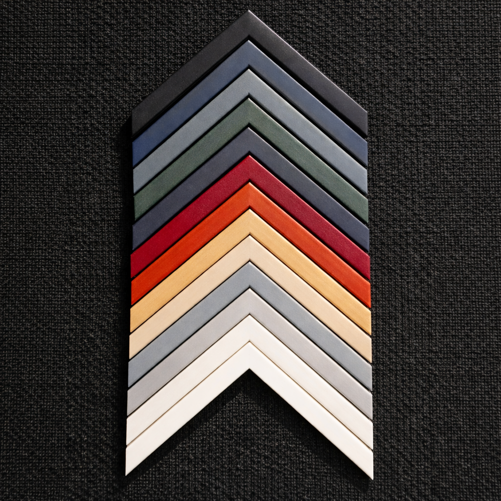 Close-up van veertien V-vormige kaderstalen in de meest rechtse kolom van een display, oplopend van zwart bovenaan naar wit onderaan, tegen een donkere achtergrond.