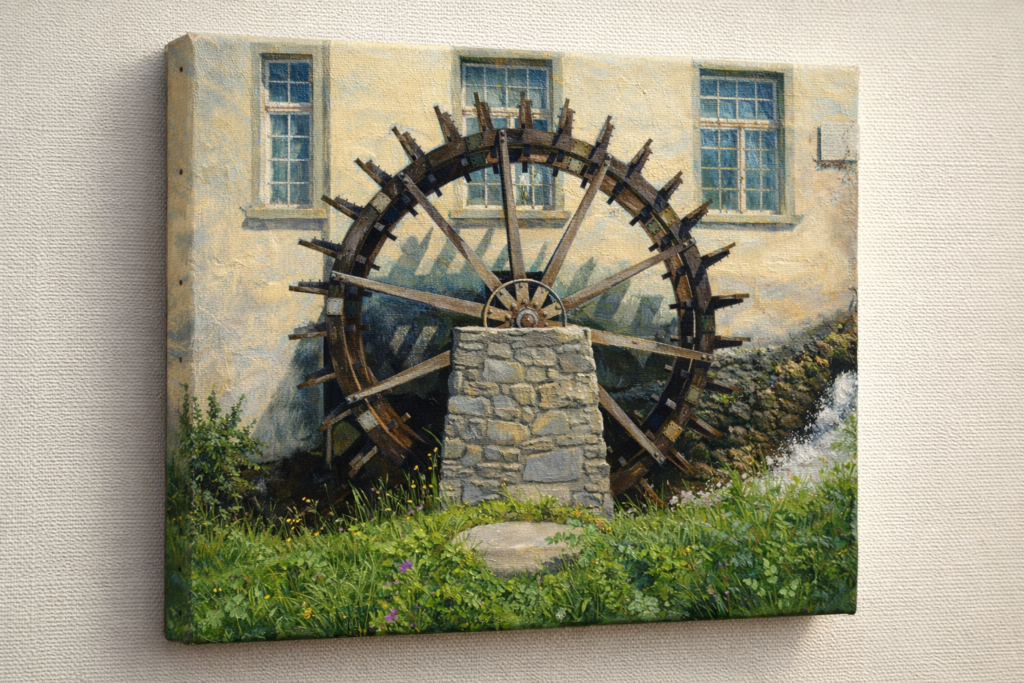Schilderij op canvas van een houten waterrad tegen een oud gebouw, met zichtbaar opgespannen doek op een spieraam.