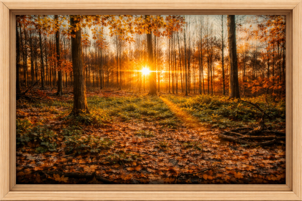 Olieverfschilderij van een herfstbos met laagstaande zon, geschilderd op opgespannen canvas en gepresenteerd in een natuurhouten baklijst met subtiele schaduwruimte.