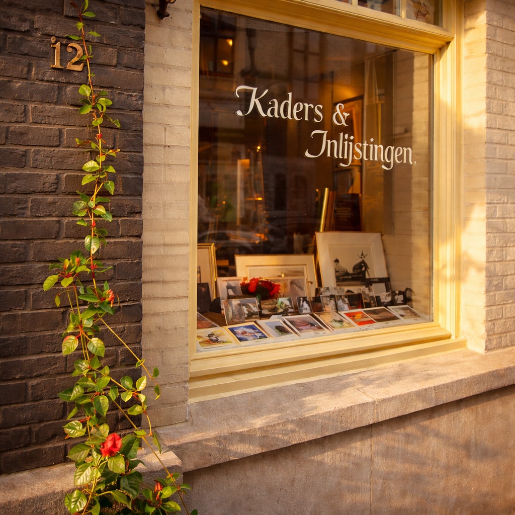 Warme etalage van inlijstingenwinkel Kaders & Inlijstingen met ingelijste foto’s en kunstwerken in het raam.